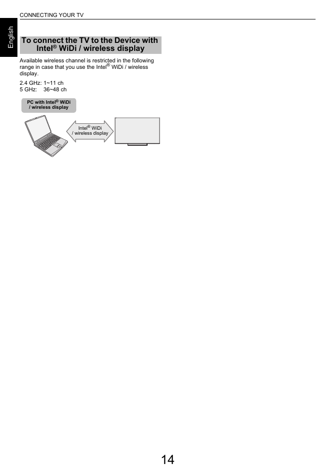 To connect the tv to the device with, Intel, Widi / wireless display | Toshiba L7463 User Manual | Page 14 / 104