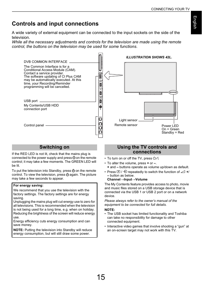 Controls and input connections, Switching on, Using the tv controls and connections | Switching on using the tv controls and connections | Toshiba L7463 User Manual | Page 15 / 104