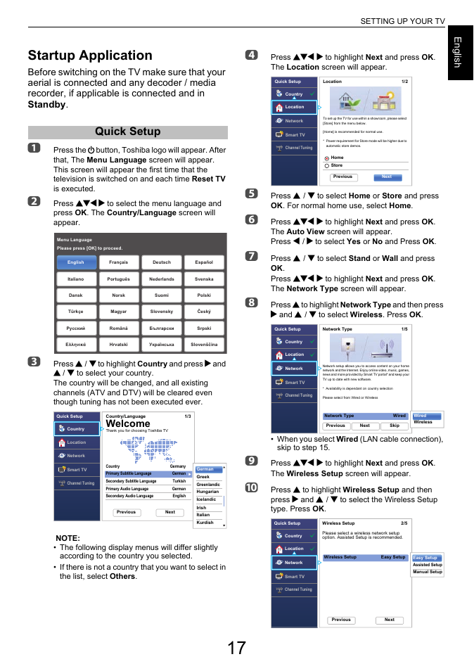 Setting up your tv, Startup application, Quick setup | Welcome, Engl ish, Bbc c | Toshiba L7463 User Manual | Page 17 / 104