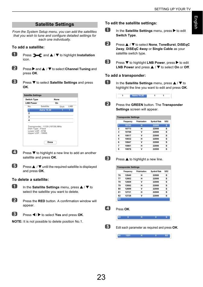 Satellite settings, Engl ish | Toshiba L7463 User Manual | Page 23 / 104