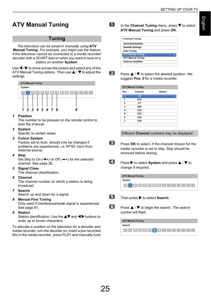 Atv manual tuning, Tuning, Engl ish | Toshiba L7463 User Manual | Page 25 / 104