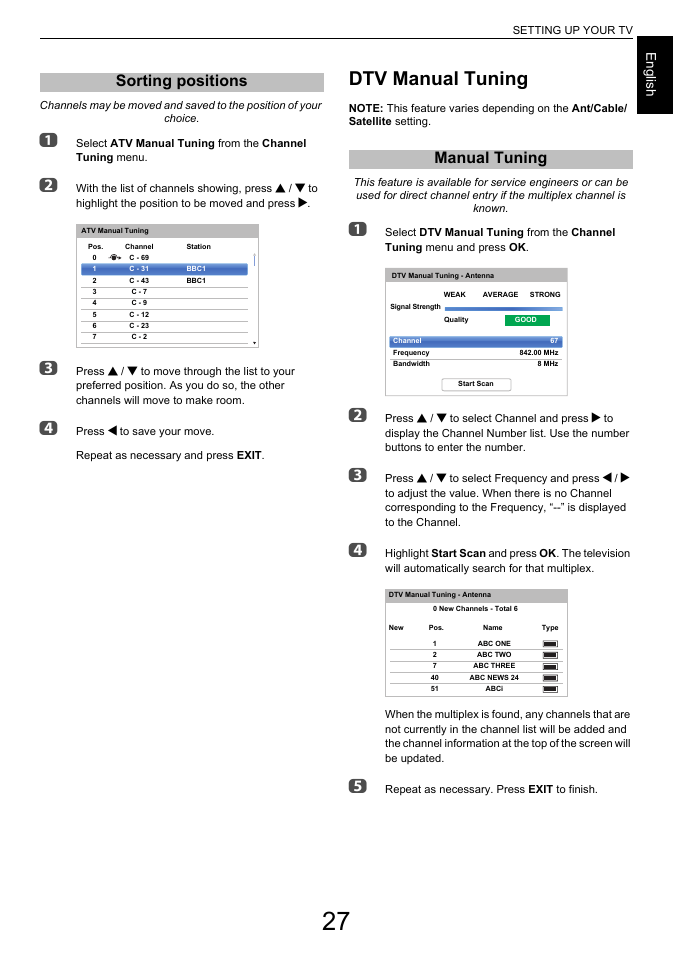 Sorting positions, Dtv manual tuning, Manual tuning | Engl ish | Toshiba L7463 User Manual | Page 27 / 104