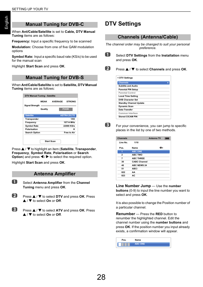 Manual tuning for dvb-c, Manual tuning for dvb-s, Antenna amplifier | Dtv settings, Channels (antenna/cable), En g lis h | Toshiba L7463 User Manual | Page 28 / 104