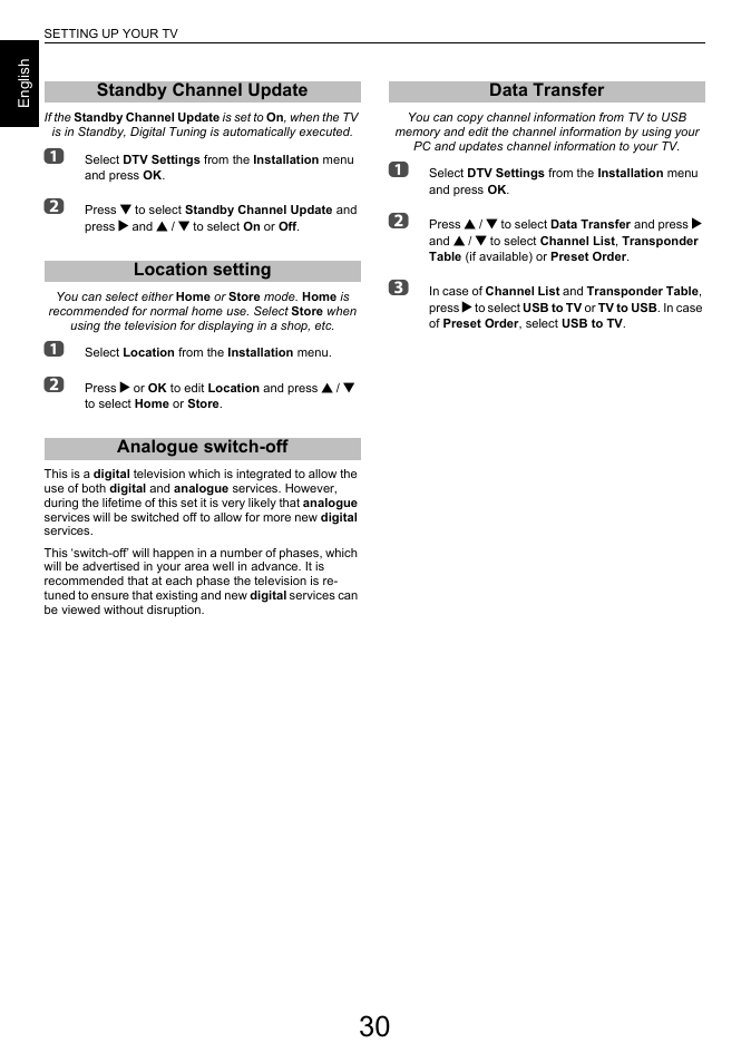 Standby channel update, Location setting, Analogue switch-off | Data transfer | Toshiba L7463 User Manual | Page 30 / 104