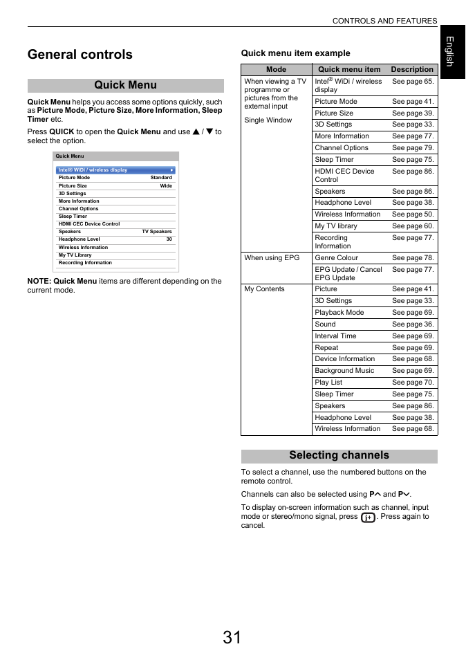 Controls and features, General controls, Quick menu | Selecting channels, Quick menu selecting channels, Engl ish | Toshiba L7463 User Manual | Page 31 / 104