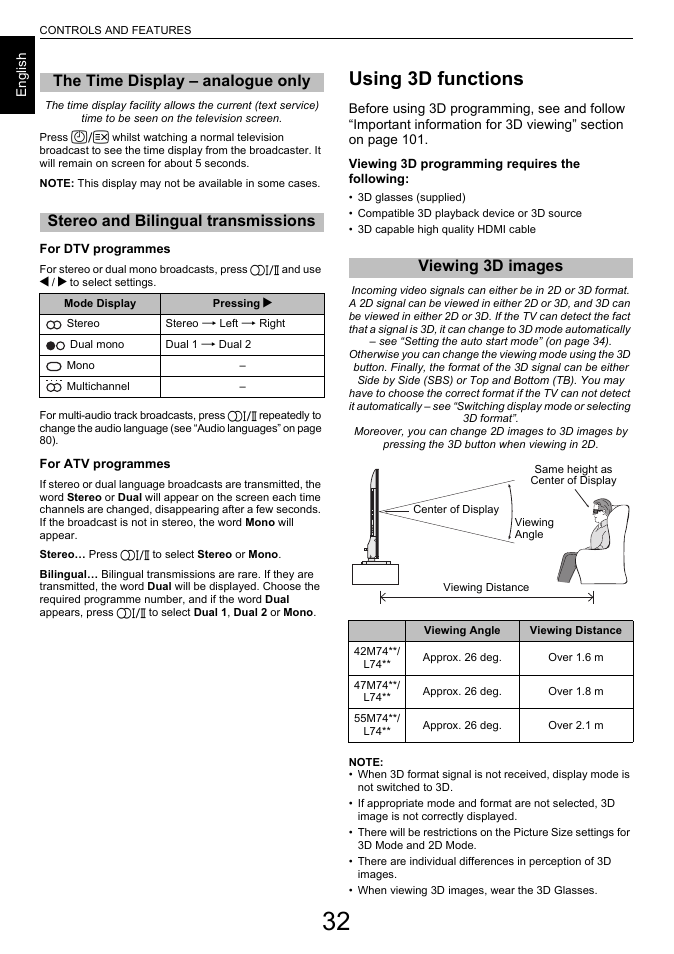 The time display – analogue only, Stereo and bilingual transmissions, Using 3d functions | Viewing 3d images, The time display, Analogue, Only | Toshiba L7463 User Manual | Page 32 / 104