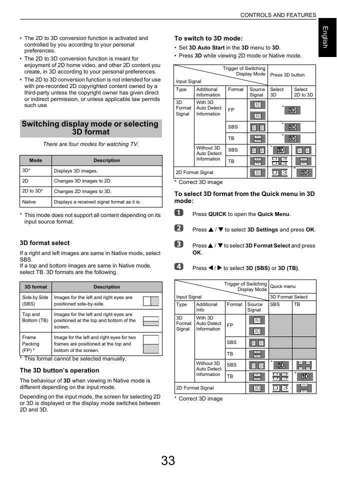 Switching display mode or selecting 3d format, Switching display mode or selecting, 3d format | Engl ish | Toshiba L7463 User Manual | Page 33 / 104