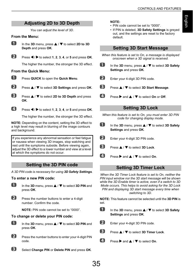 Adjusting 2d to 3d depth, Setting the 3d pin code, Setting 3d start message | Setting 3d lock, Setting 3d timer lock | Toshiba L7463 User Manual | Page 35 / 104