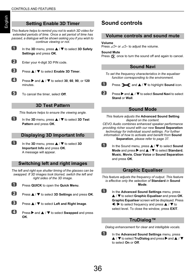 Setting enable 3d timer, 3d test pattern, Displaying 3d important info | Switching left and right images, Sound controls, Volume controls and sound mute, Sound navi, Sound mode, Graphic equaliser, Trudialog | Toshiba L7463 User Manual | Page 36 / 104