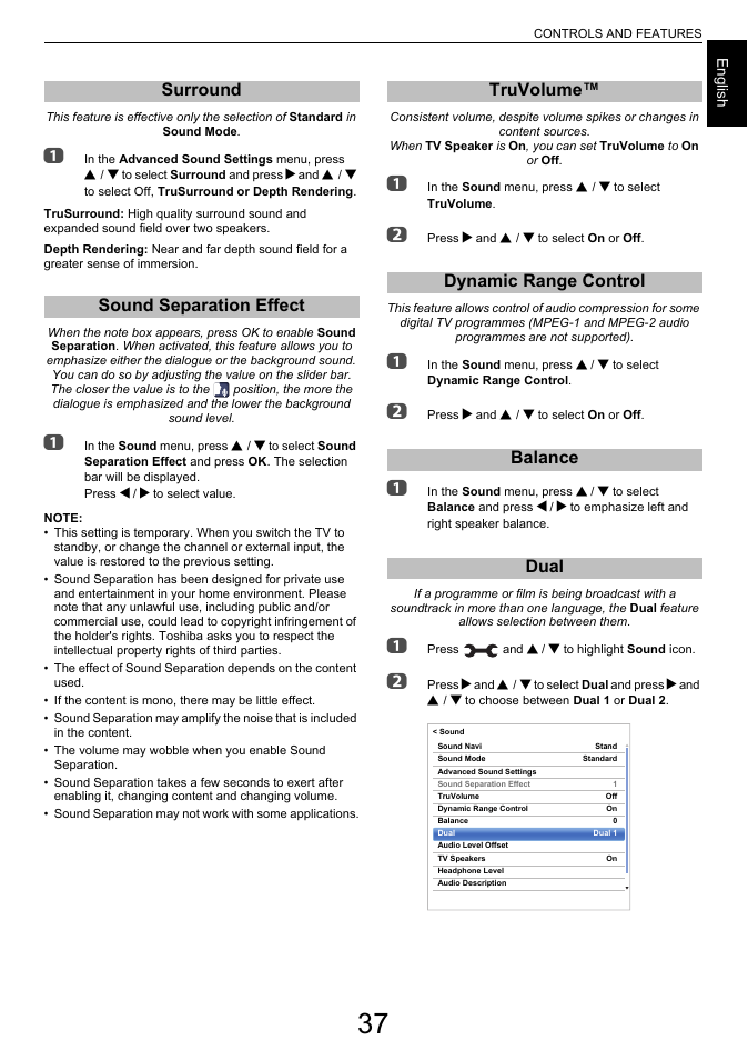 Surround, Sound separation effect, Truvolume | Dynamic range control, Balance, Dual | Toshiba L7463 User Manual | Page 37 / 104