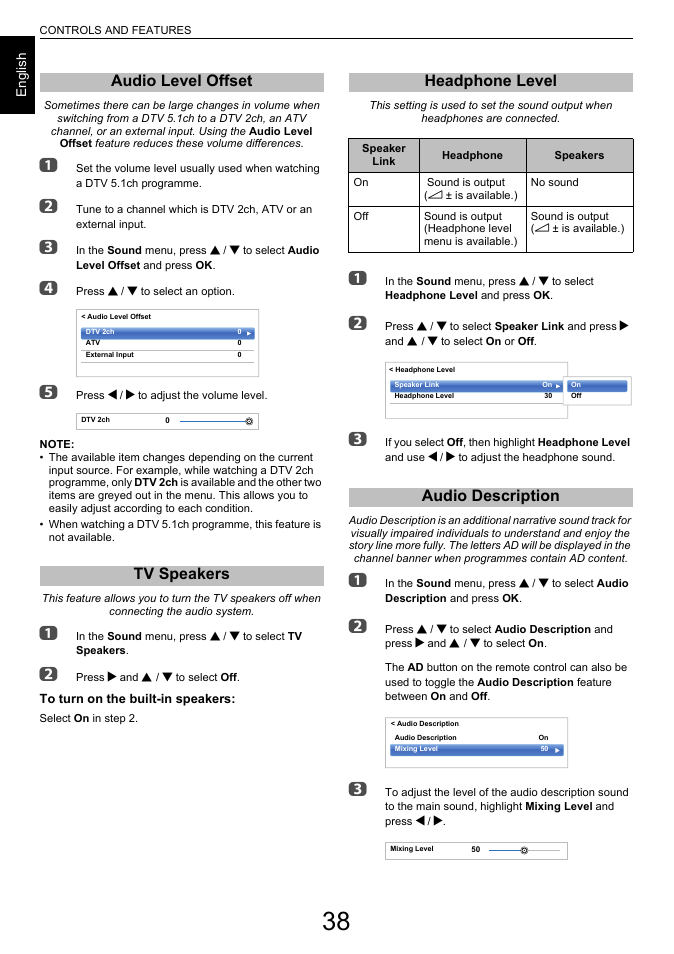 Audio level offset, Tv speakers, Headphone level | Audio description, Audio level offset tv speakers | Toshiba L7463 User Manual | Page 38 / 104
