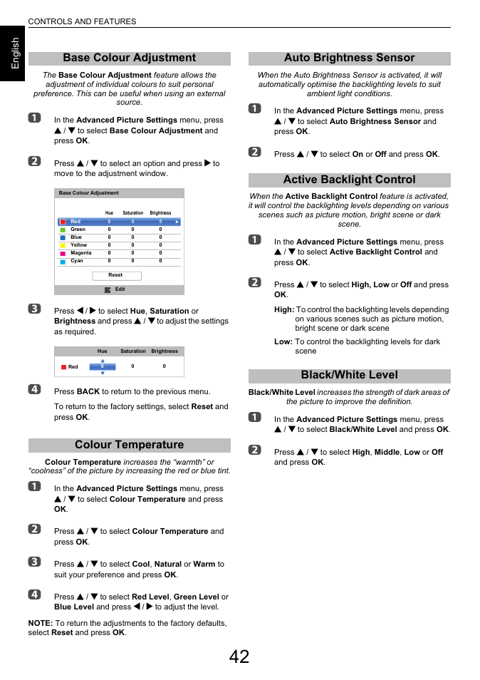 Base colour adjustment, Colour temperature, Auto brightness sensor | Active backlight control, Black/white level, Base colour adjustment colour temperature | Toshiba L7463 User Manual | Page 42 / 104
