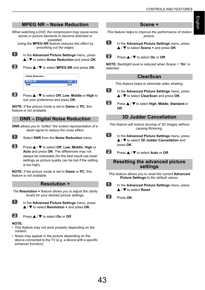 Mpeg nr – noise reduction, Dnr – digital noise reduction, Resolution | Scene, Clearscan, 3d judder cancellation, Resetting the advanced picture settings | Toshiba L7463 User Manual | Page 43 / 104