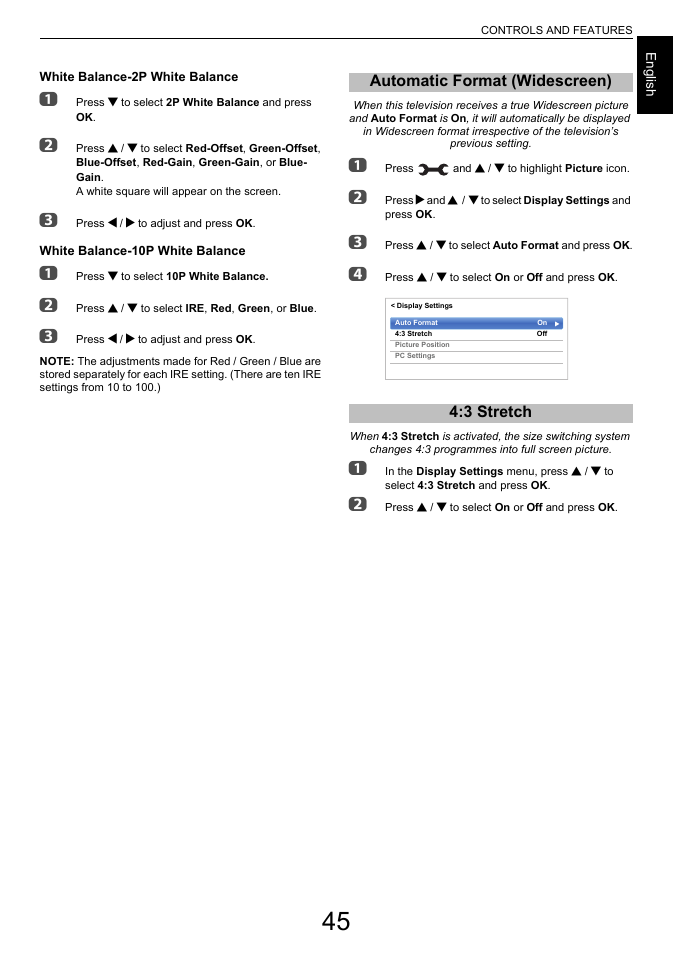 Automatic format (widescreen), 3 stretch, Automatic format (widescreen) 4:3 stretch | Toshiba L7463 User Manual | Page 45 / 104