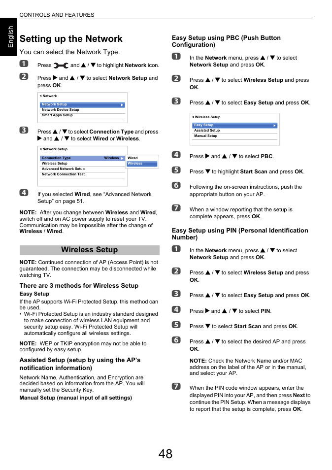 Setting up the network, Wireless setup | Toshiba L7463 User Manual | Page 48 / 104