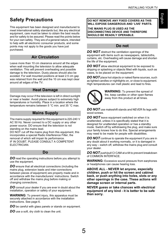 Installing your tv, Safety precautions | Toshiba L7463 User Manual | Page 5 / 104