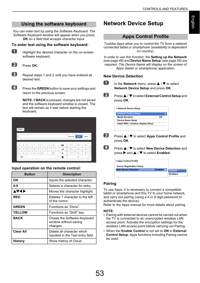 Using the software keyboard, Network device setup, Apps control profile | Engl ish, Input operation on the remote control, New device detection, Pairing, Bbc c | Toshiba L7463 User Manual | Page 53 / 104