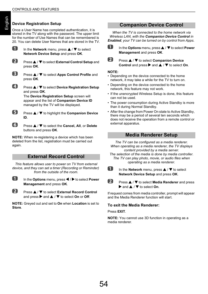 External record control, Companion device control, Media renderer setup | Toshiba L7463 User Manual | Page 54 / 104