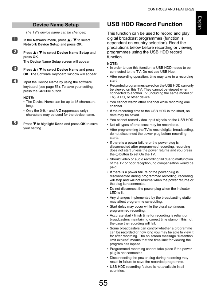 Device name setup, Usb hdd record function | Toshiba L7463 User Manual | Page 55 / 104