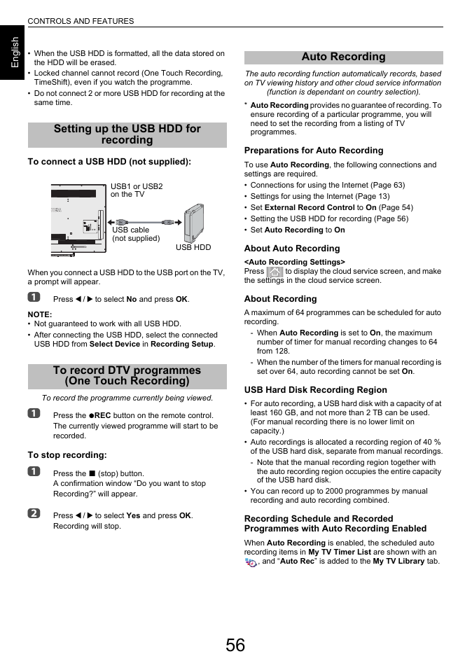 Setting up the usb hdd for recording, To record dtv programmes (one touch recording), Auto recording | One touch recording) | Toshiba L7463 User Manual | Page 56 / 104