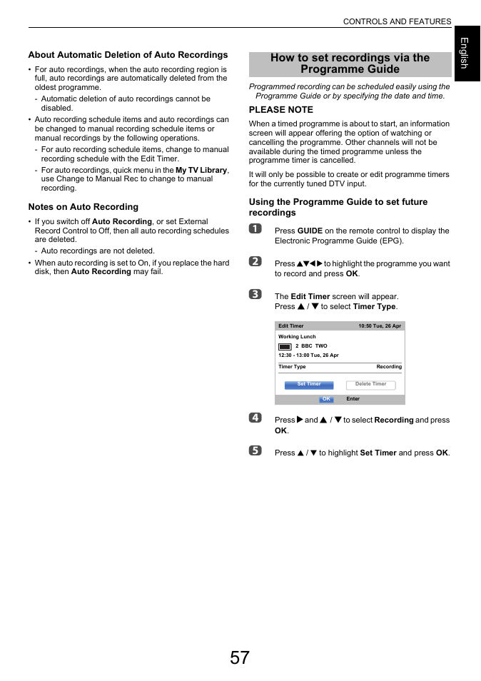How to set recordings via the programme guide, How to set recordings via the programme, Guide | Toshiba L7463 User Manual | Page 57 / 104