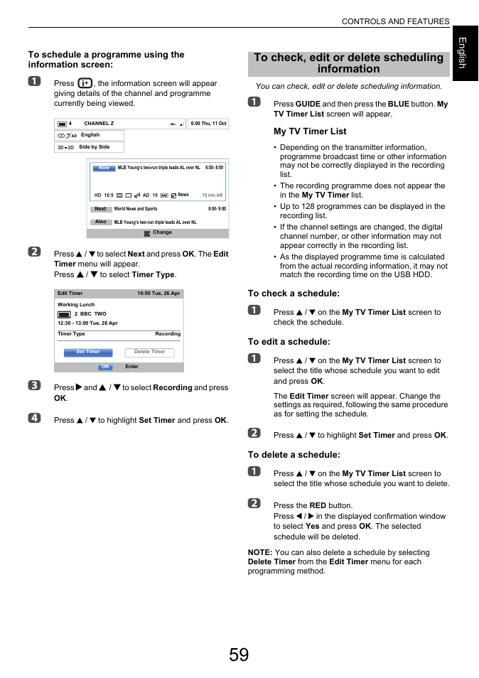 To check, edit or delete scheduling information, To check, edit or delete scheduling, Information | Toshiba L7463 User Manual | Page 59 / 104