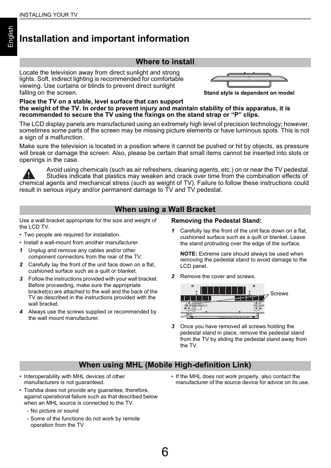 Installation and important information | Toshiba L7463 User Manual | Page 6 / 104