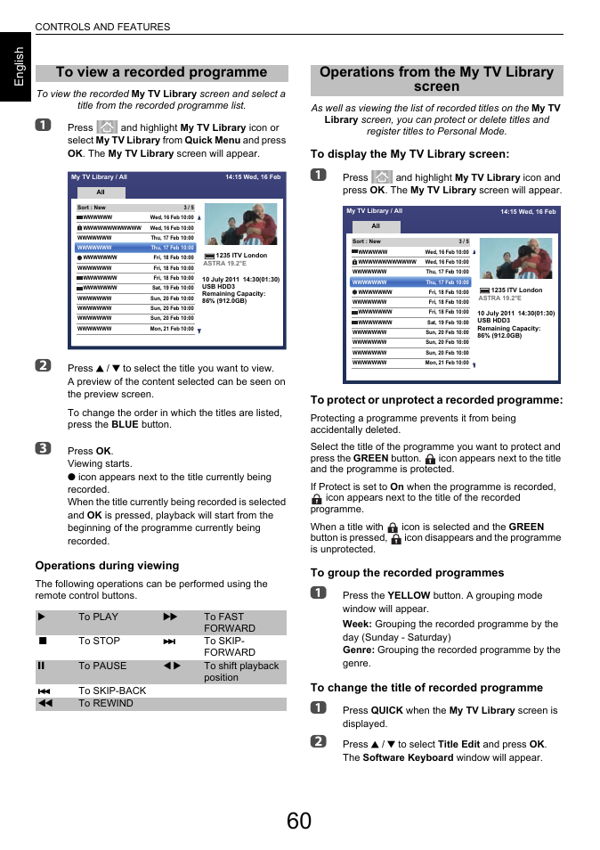 To view a recorded programme, Operations from the my tv library screen, En g lis h | Toshiba L7463 User Manual | Page 60 / 104