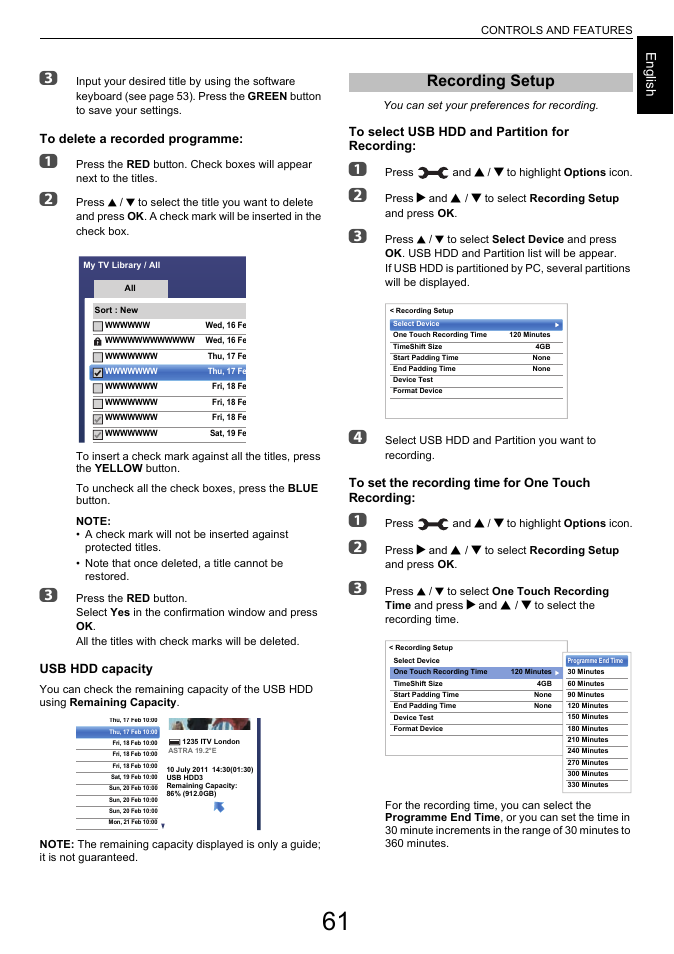 Recording setup, Engl ish | Toshiba L7463 User Manual | Page 61 / 104