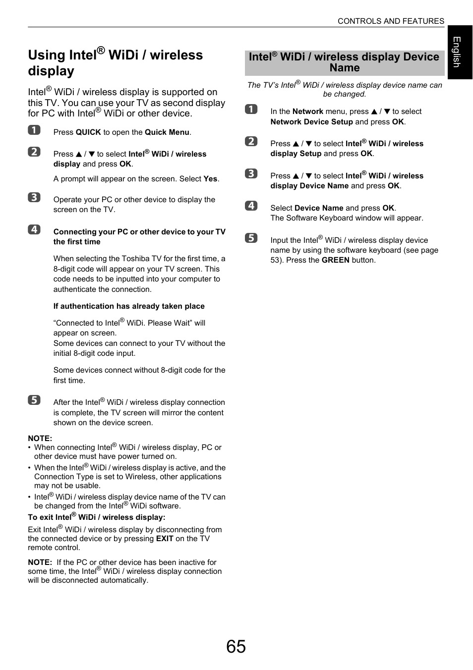 Using intel® widi / wireless display, Intel® widi / wireless display device name, Using intel | Widi / wireless display, Intel, Widi / wireless display device name | Toshiba L7463 User Manual | Page 65 / 104