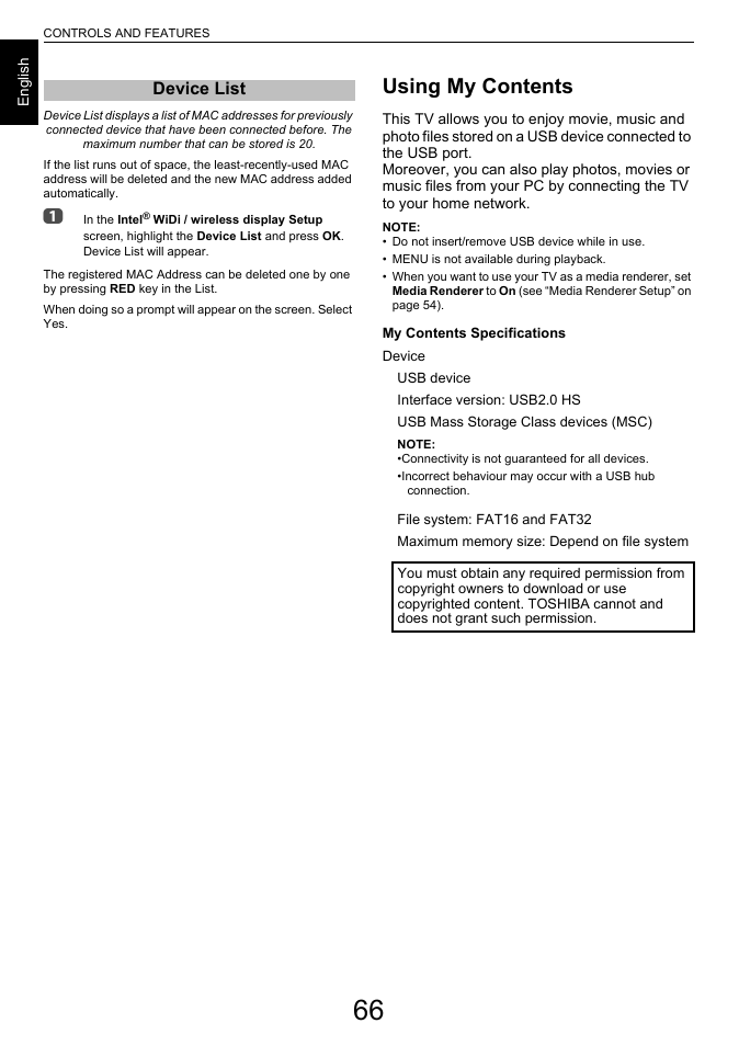 Device list, Using my contents | Toshiba L7463 User Manual | Page 66 / 104