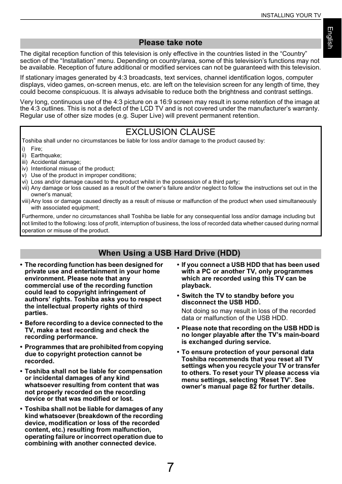 Exclusion clause | Toshiba L7463 User Manual | Page 7 / 104