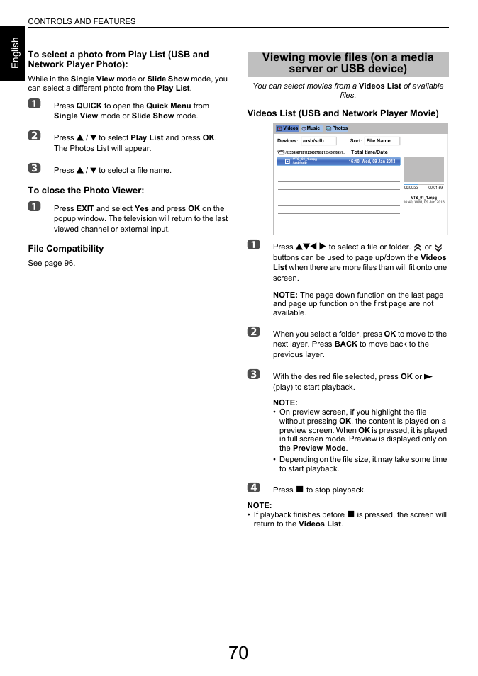 Viewing movie files, On a media server or usb device) | Toshiba L7463 User Manual | Page 70 / 104