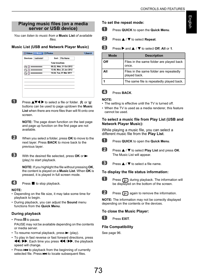 Playing music files, On a media server or usb device) | Toshiba L7463 User Manual | Page 73 / 104