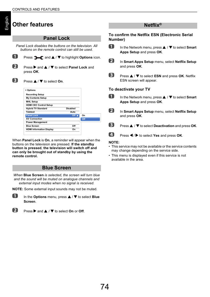 Other features, Panel lock, Blue screen | Netflix, Panel lock blue screen netflix, Panel lock blue screen | Toshiba L7463 User Manual | Page 74 / 104