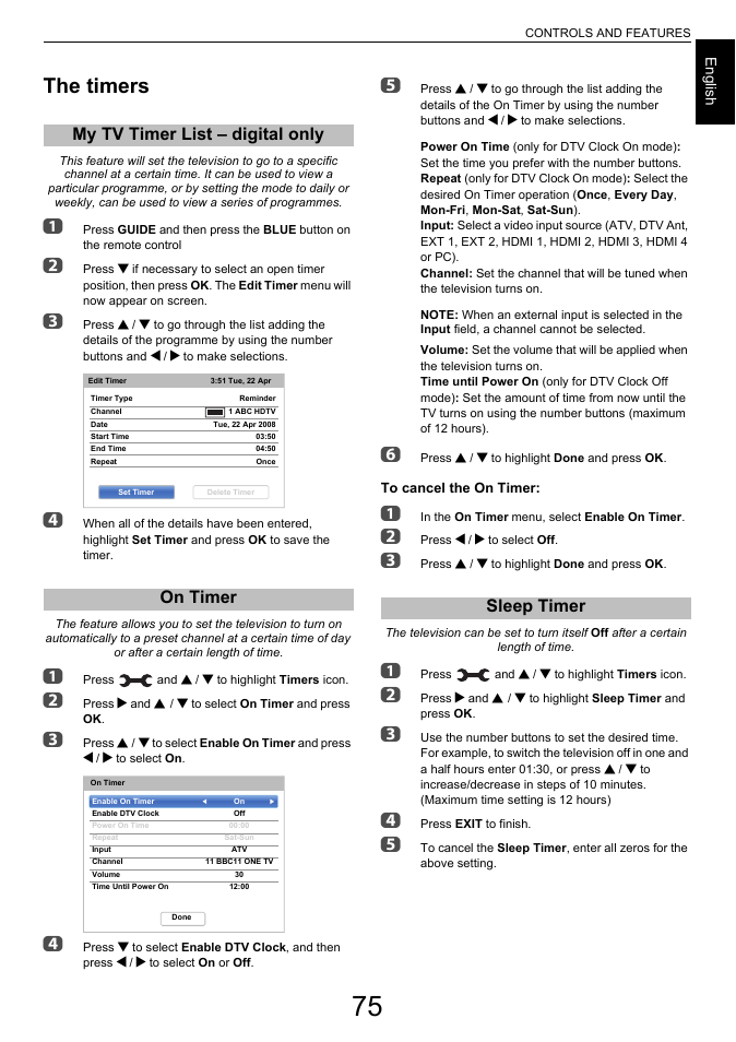 The timers, My tv timer list – digital only, On timer | Sleep timer, My tv timer list, Digital, Only, On timer sleep timer, My tv timer list – digital only on timer | Toshiba L7463 User Manual | Page 75 / 104