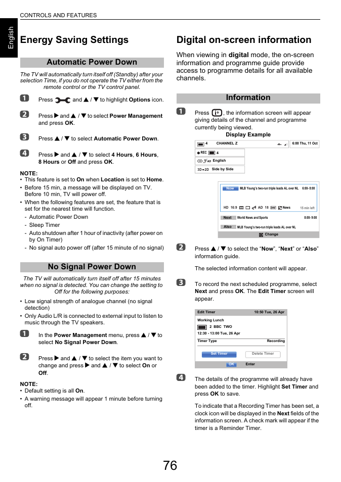 Energy saving settings, Automatic power down, No signal power down | Digital on-screen information, Information, Automatic power down no signal power down | Toshiba L7463 User Manual | Page 76 / 104