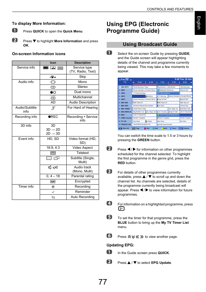 Using epg (electronic programme guide), Using broadcast guide, Engl ish | On-screen information icons, Updating epg | Toshiba L7463 User Manual | Page 77 / 104