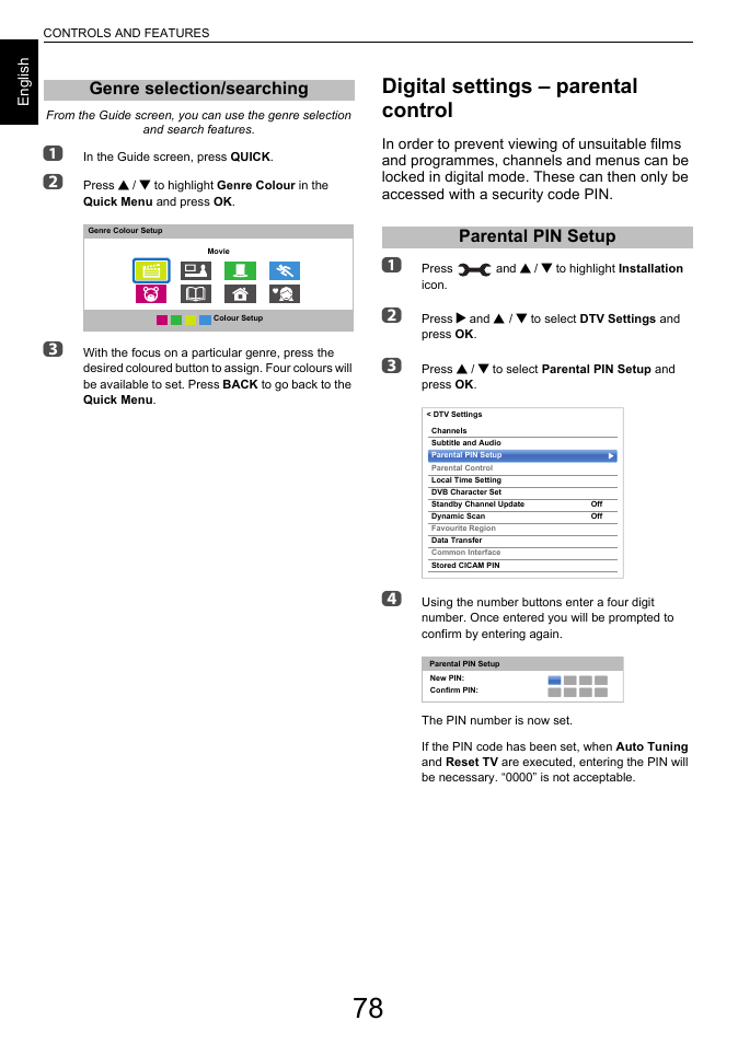 Genre selection/searching, Digital settings – parental control, Parental pin setup | Toshiba L7463 User Manual | Page 78 / 104