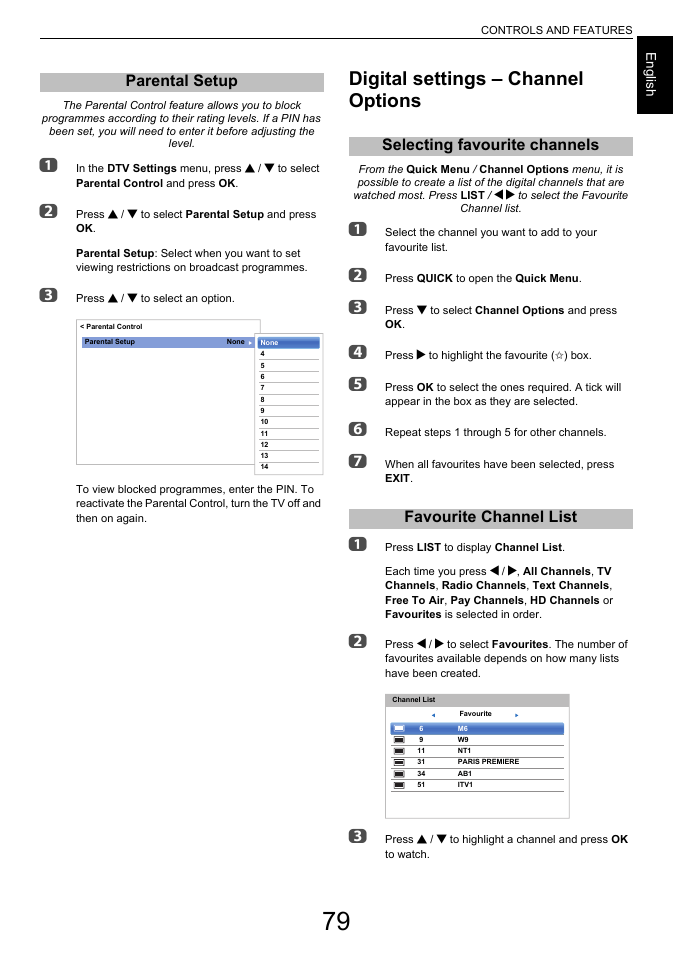 Parental setup, Digital settings – channel options, Selecting favourite channels | Favourite channel list | Toshiba L7463 User Manual | Page 79 / 104