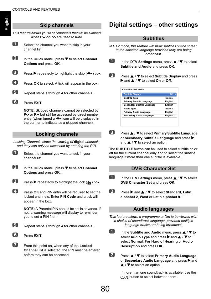 Skip channels, Locking channels, Digital settings – other settings | Subtitles, Dvb character set, Audio languages, Skip channels locking channels, Subtitles dvb character set audio languages, Audio languages” on pag | Toshiba L7463 User Manual | Page 80 / 104