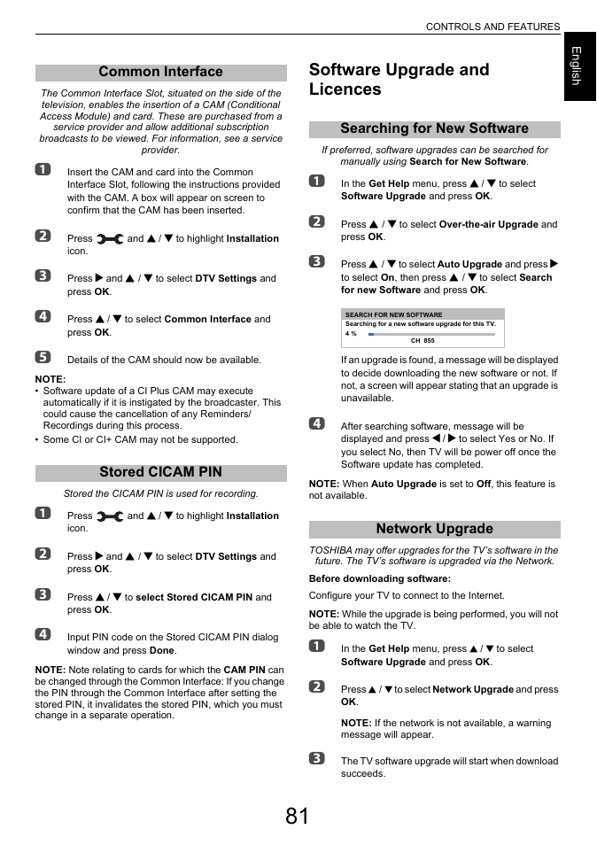 Common interface, Stored cicam pin, Software upgrade and licences | Searching for new software, Network upgrade, Common interface stored cicam pin, Searching for new software network upgrade | Toshiba L7463 User Manual | Page 81 / 104