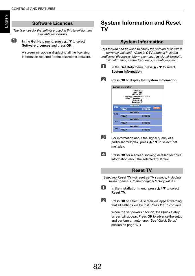 Software licences, System information and reset tv, System information | Reset tv, System information reset tv, Software licences system information reset tv | Toshiba L7463 User Manual | Page 82 / 104