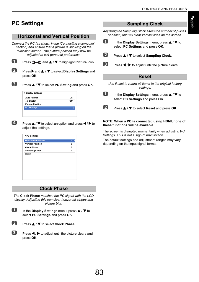Pc settings, Horizontal and vertical position, Clock phase | Sampling clock, Reset, Age 83), Horizontal and vertical position clock phase, Sampling clock reset | Toshiba L7463 User Manual | Page 83 / 104