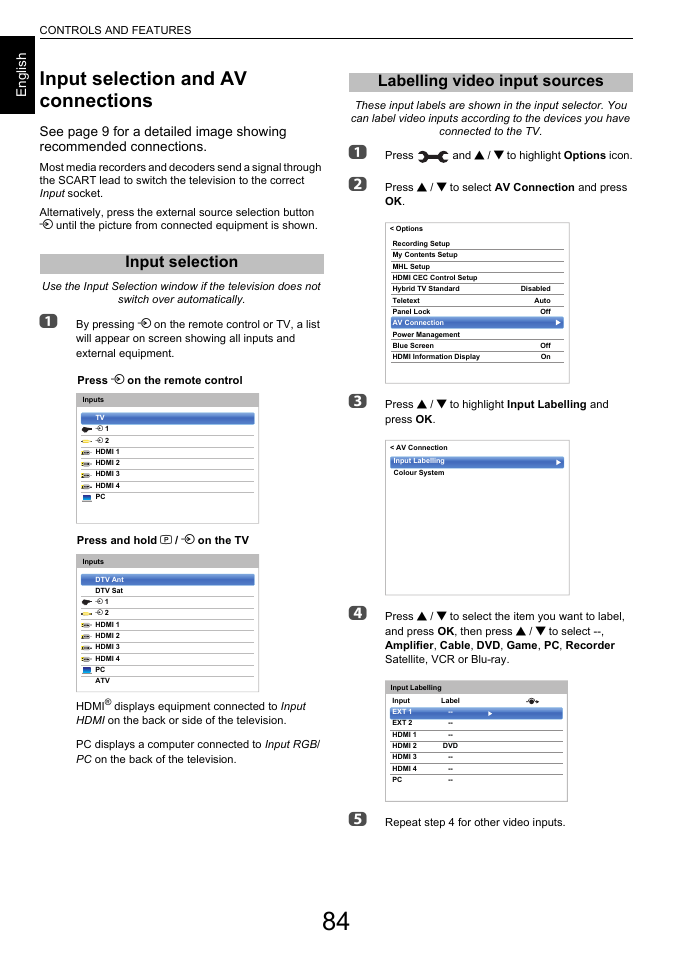 Input selection and av connections, Input selection, Labelling video input sources | Input selection labelling video input sources, En g lis h | Toshiba L7463 User Manual | Page 84 / 104