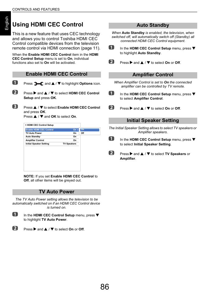Using hdmi cec control, Enable hdmi cec control, Tv auto power | Auto standby, Amplifier control, Initial speaker setting, Enable hdmi cec control tv auto power | Toshiba L7463 User Manual | Page 86 / 104