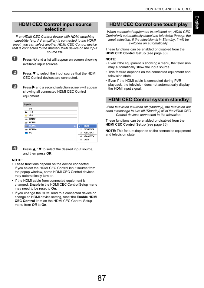 Hdmi cec control input source selection, Hdmi cec control one touch play, Hdmi cec control system standby | Toshiba L7463 User Manual | Page 87 / 104