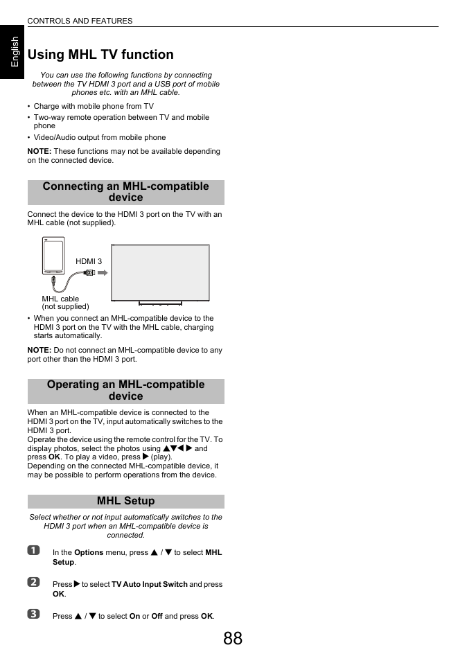 Using mhl tv function, Connecting an mhl-compatible device, Operating an mhl-compatible device | Mhl setup | Toshiba L7463 User Manual | Page 88 / 104
