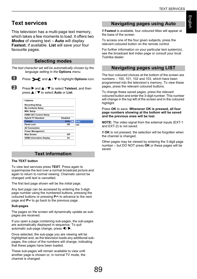 Text services, Selecting modes, Text information | Selecting modes text information | Toshiba L7463 User Manual | Page 89 / 104