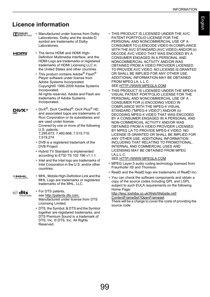 Licence information | Toshiba L7463 User Manual | Page 99 / 104